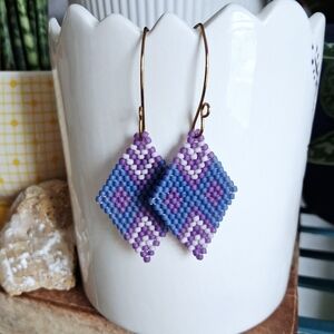 BOGO EARRINGS Purple & Blue Beaded Diamond Bead Earrings, 2.5"